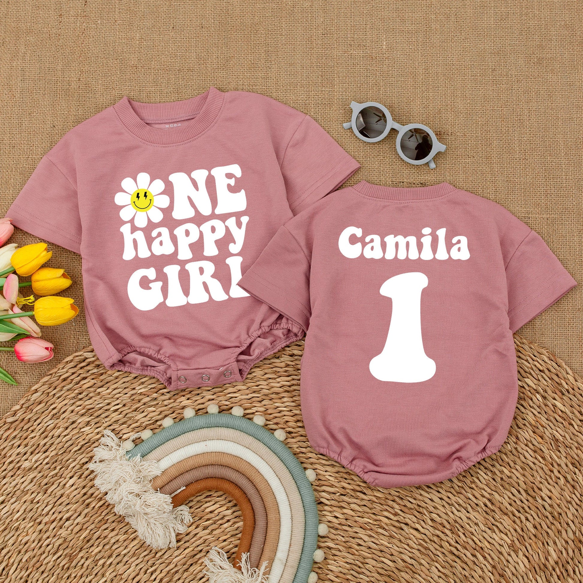 1st Birthday Girl Romper with Smiley Daisy, Baby Shower, Smash Cake