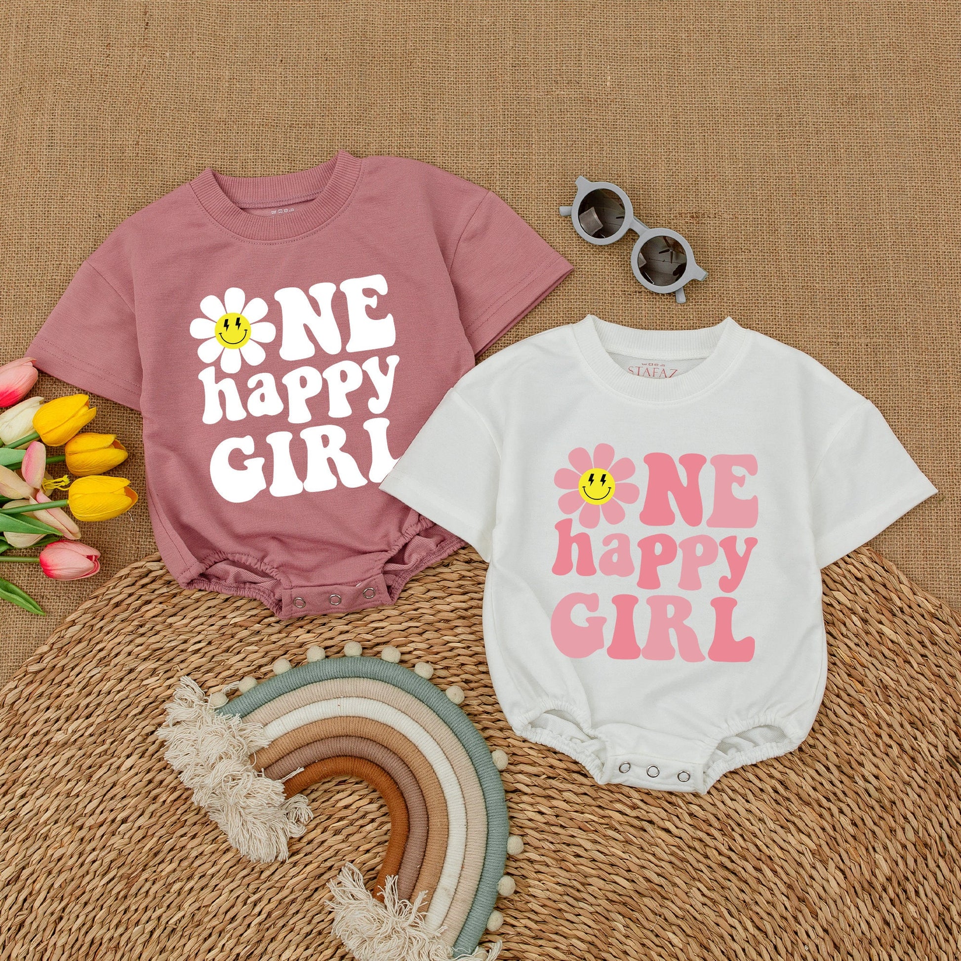 1st Birthday Girl Romper with Smiley Daisy, Baby Shower, Smash Cake