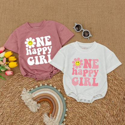 1st Birthday Girl Romper with Smiley Daisy, Baby Shower, Smash Cake