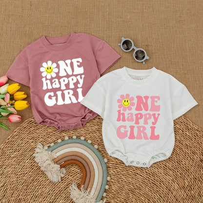 Custom One Happy Girl Romper Smiley Face Daisy Birthday Outfit for Baby Girls Smash Cake Outfit Baby Shower Gift Groovy Retro Style
