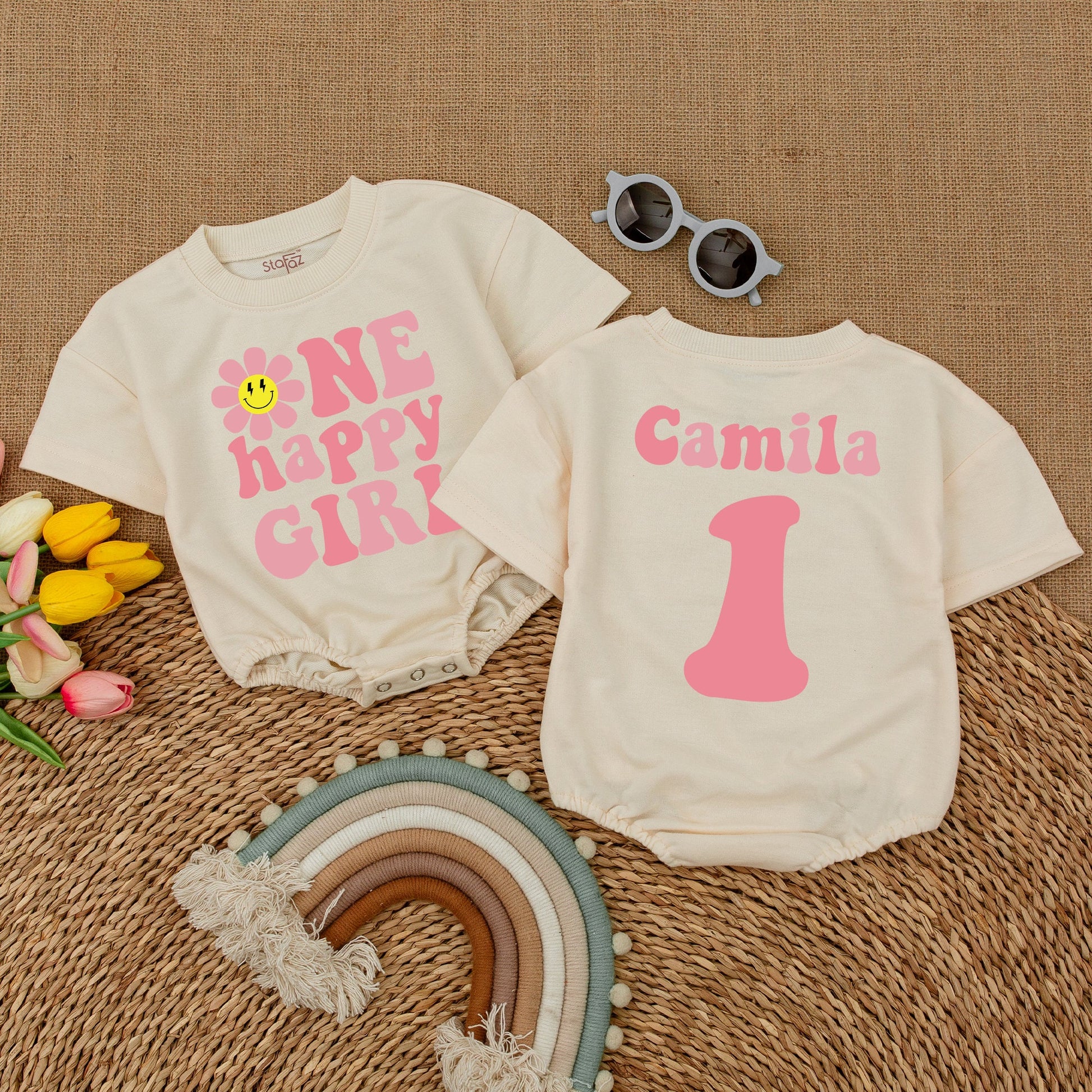 1st Birthday Girl Romper with Smiley Daisy, Baby Shower, Smash Cake