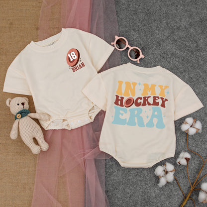 Custom In My Hockey Era Baby Romper Personalized Name 18 Puck Design Future Hockey Player Outfit Short Sleeve Funny Newborn Game Day Fan