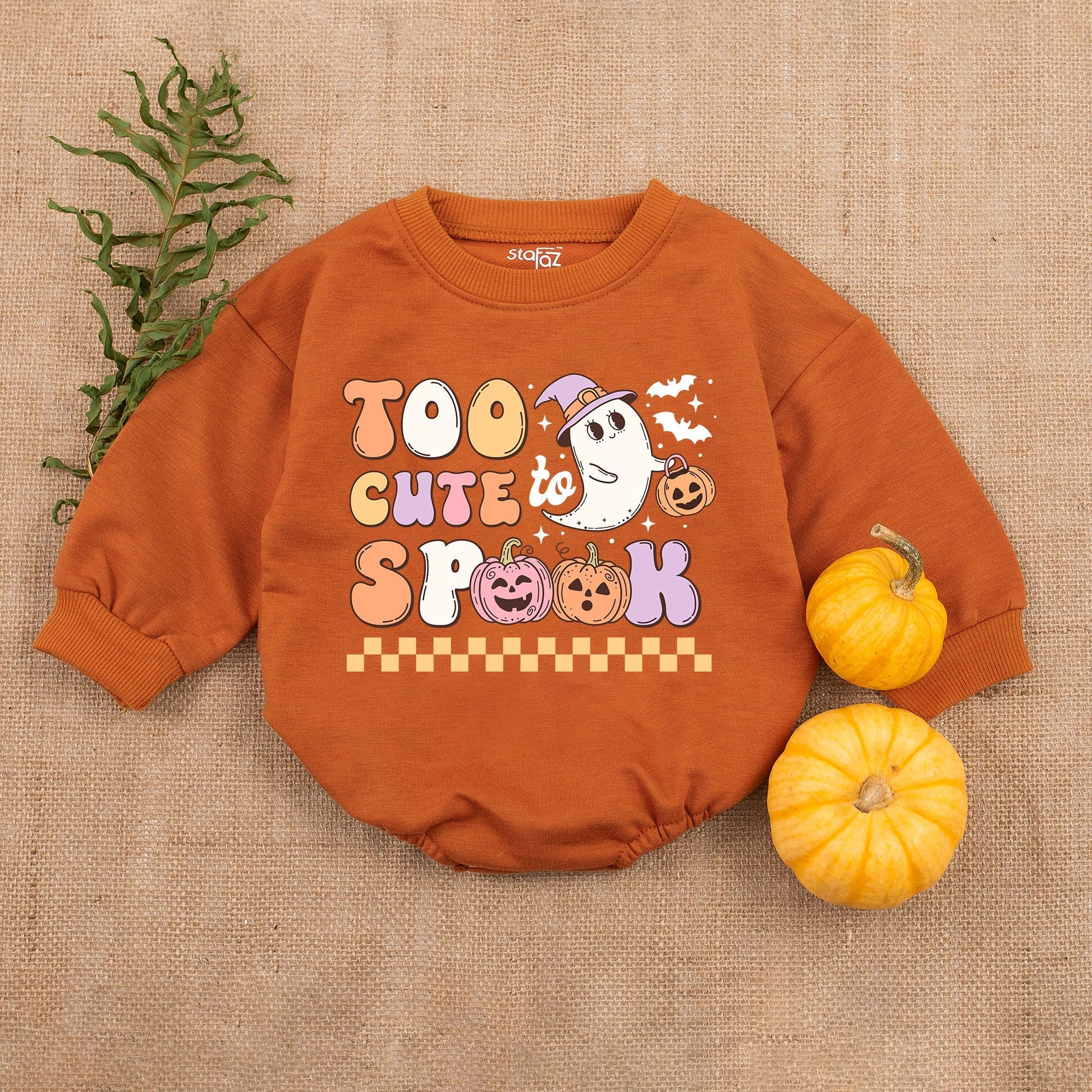 Too Cute To Spook Baby Girl Halloween Romper Retro Ghost Jack-o-Lantern Bodysuit pastel orange yellow white design comfy Fall First Halloween outfit infant gift