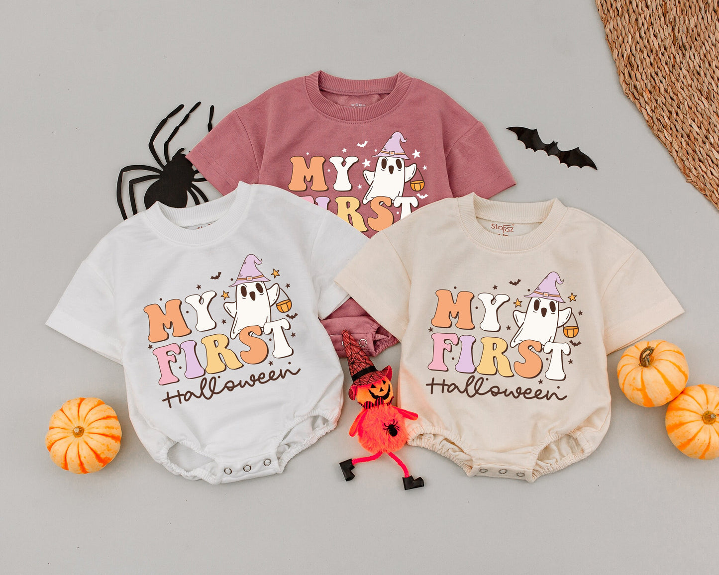 My First Halloween Baby Romper Retro Ghost Outfit Playful Infant Boys Girls Autumn Clothes Vintage Trick-or-Treat Design Orange Yellow Pink White