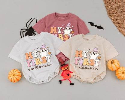 My First Halloween Baby Romper Retro Ghost Outfit Playful Infant Boys Girls Autumn Clothes Vintage Trick-or-Treat Design Orange Yellow Pink White