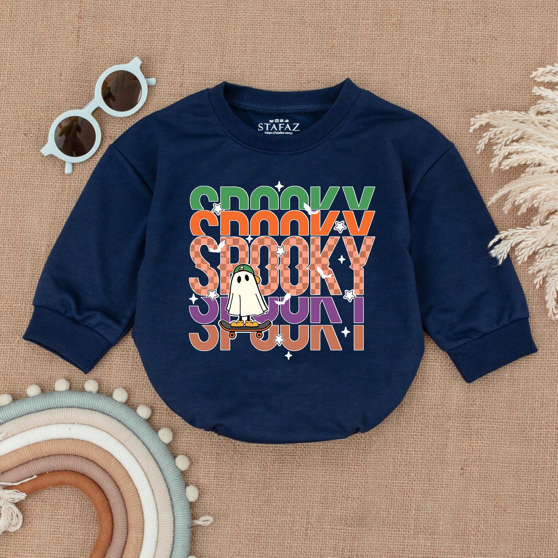 Spooky Skateboard Ghost Romper Vintage Halloween Outfit Baby Boy Girl Clothes Fun Checkered Halloween Gift Playful Spooky Dude Bubble Bodysuit 137