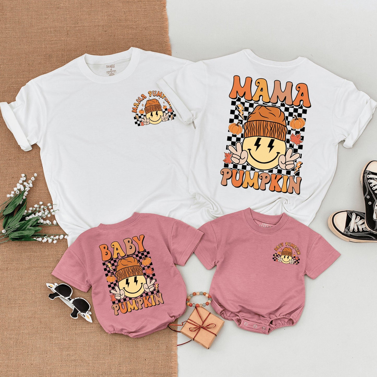 Matching Retro Fall Shirts: Mama and Baby Pumpkin Family Outfits