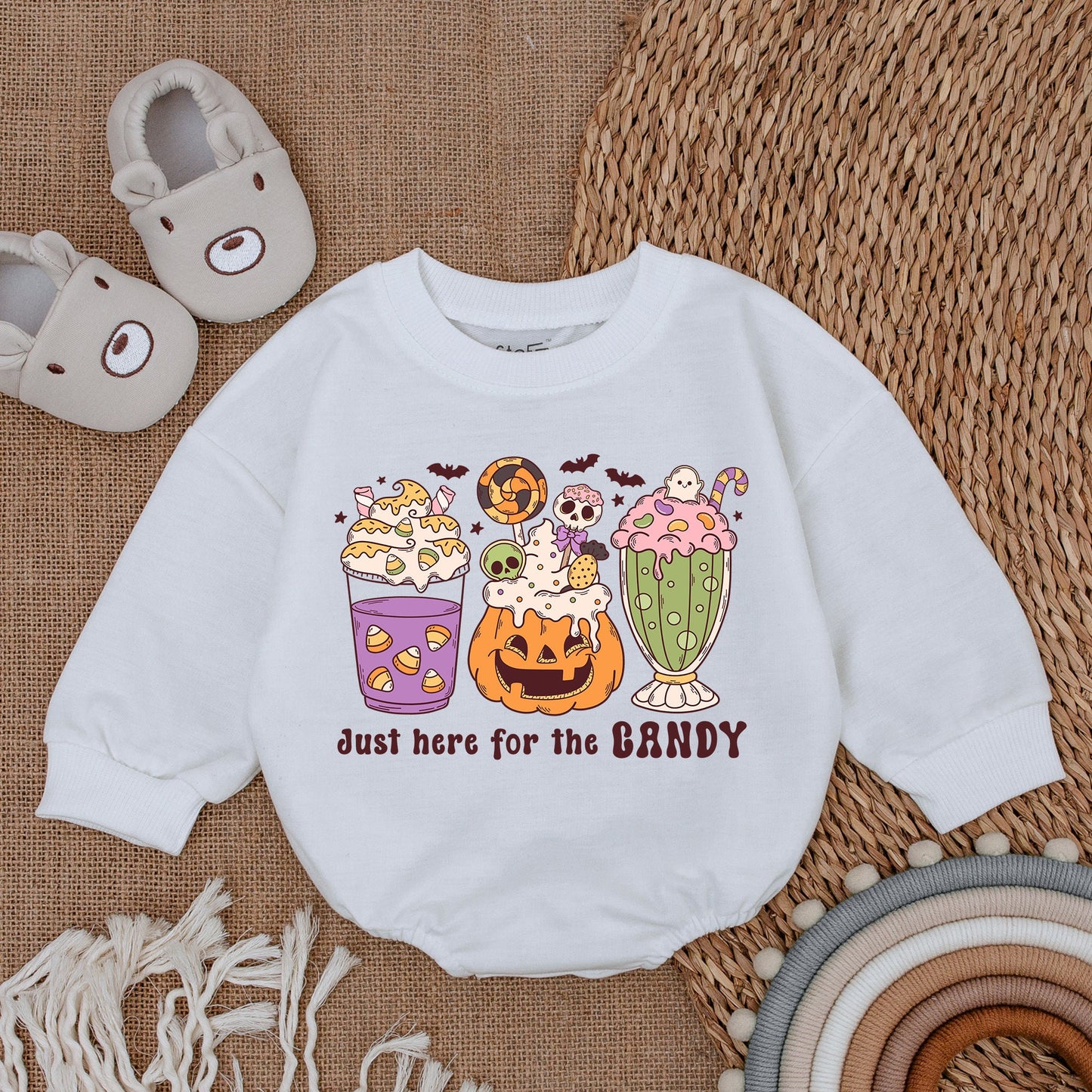 Baby Girl Halloween Romper "Just Here For Candy" Cute Dessert Design First Spooky Fall Outfit Purple Orange Green Ghost Bats Stars