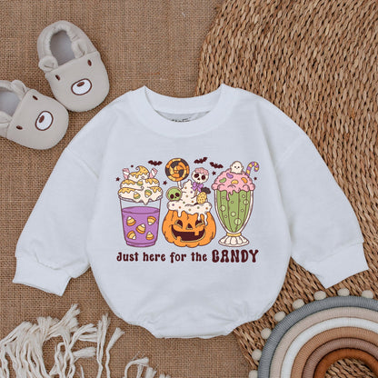 Baby Girl Halloween Romper "Just Here For Candy" Cute Dessert Design First Spooky Fall Outfit Purple Orange Green Ghost Bats Stars