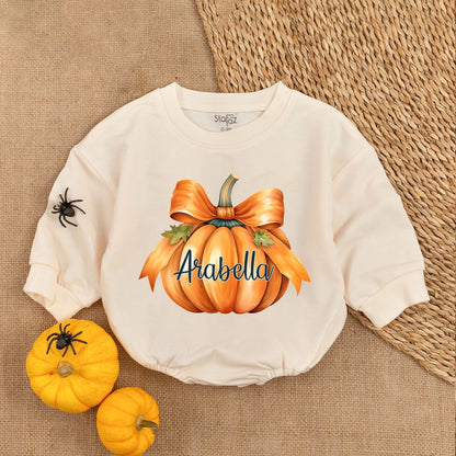 Baby's First Thanksgiving Romper with Pumpkin Bow - Festive Outfit