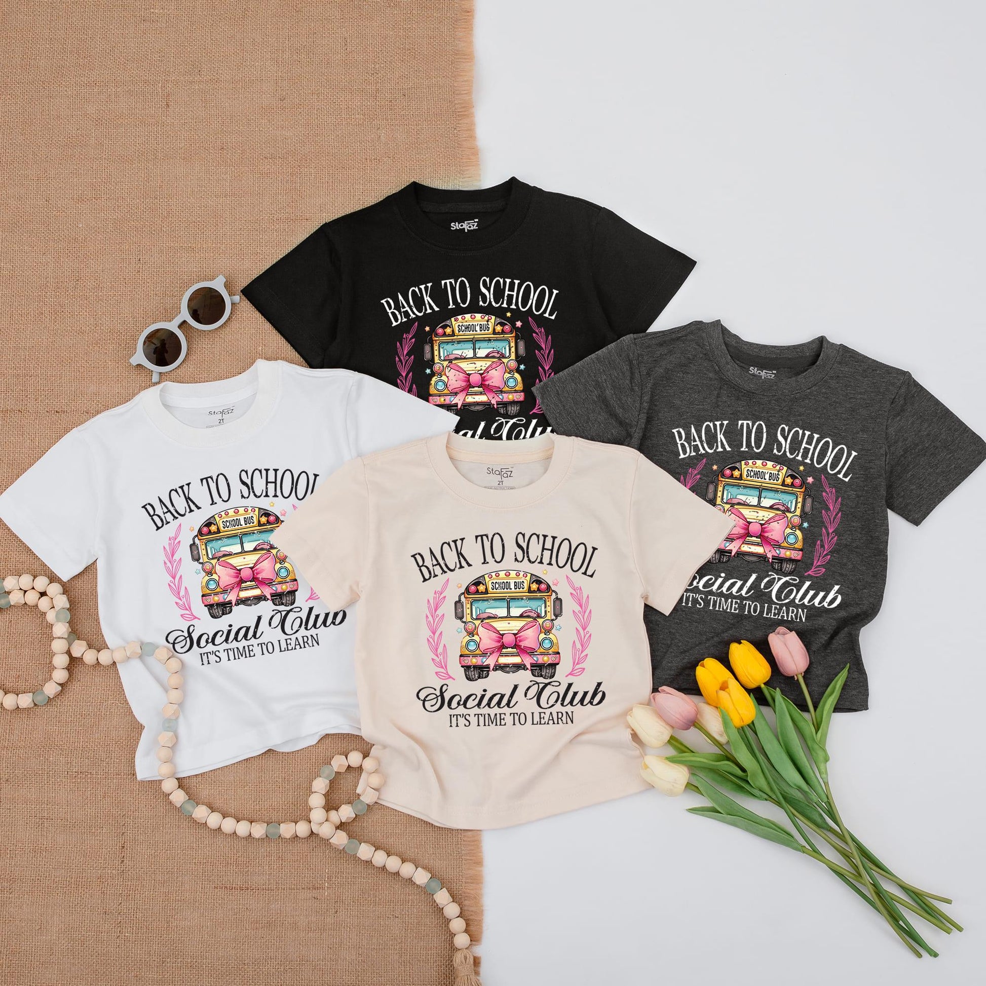 Back To School Social Club Shirt Whimsical School Bus Pink Bow First Day Elementary Kindergarten Toddler PreK Learning Stars Leaves "School Bus"