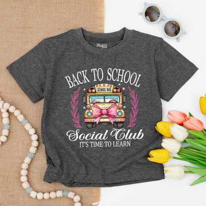 Back To School Social Club Shirt Whimsical School Bus Pink Bow First Day Elementary Kindergarten Toddler PreK Learning Stars Leaves "School Bus"