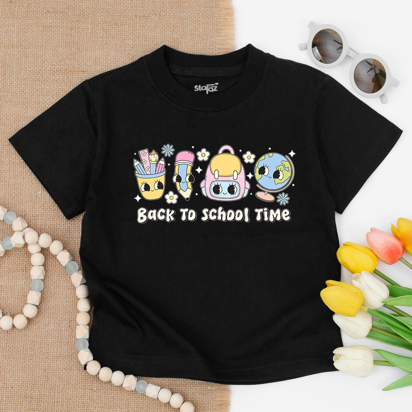 Back To School Time Shirt Pastel Graphic Design with Pencil Case Backpack Globe Flowers Stars for Elementary Kids