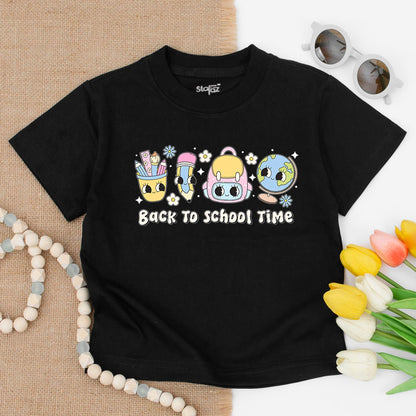 Back To School Time Shirt Pastel Graphic Design with Pencil Case Backpack Globe Flowers Stars for Elementary Kids