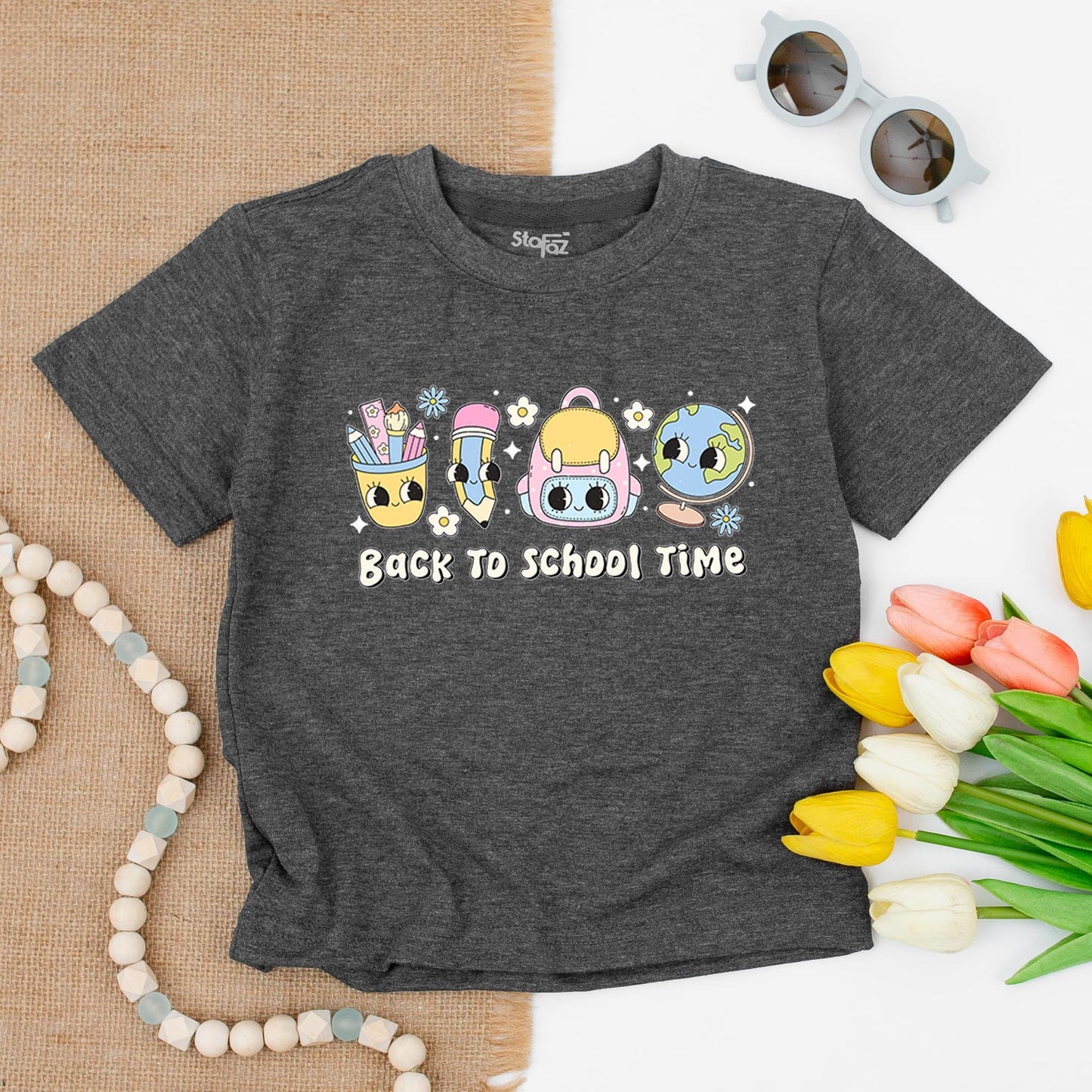 Back To School Time Shirt Pastel Graphic Design with Pencil Case Backpack Globe Flowers Stars for Elementary Kids