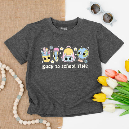 Back To School Time Shirt Pastel Graphic Design with Pencil Case Backpack Globe Flowers Stars for Elementary Kids