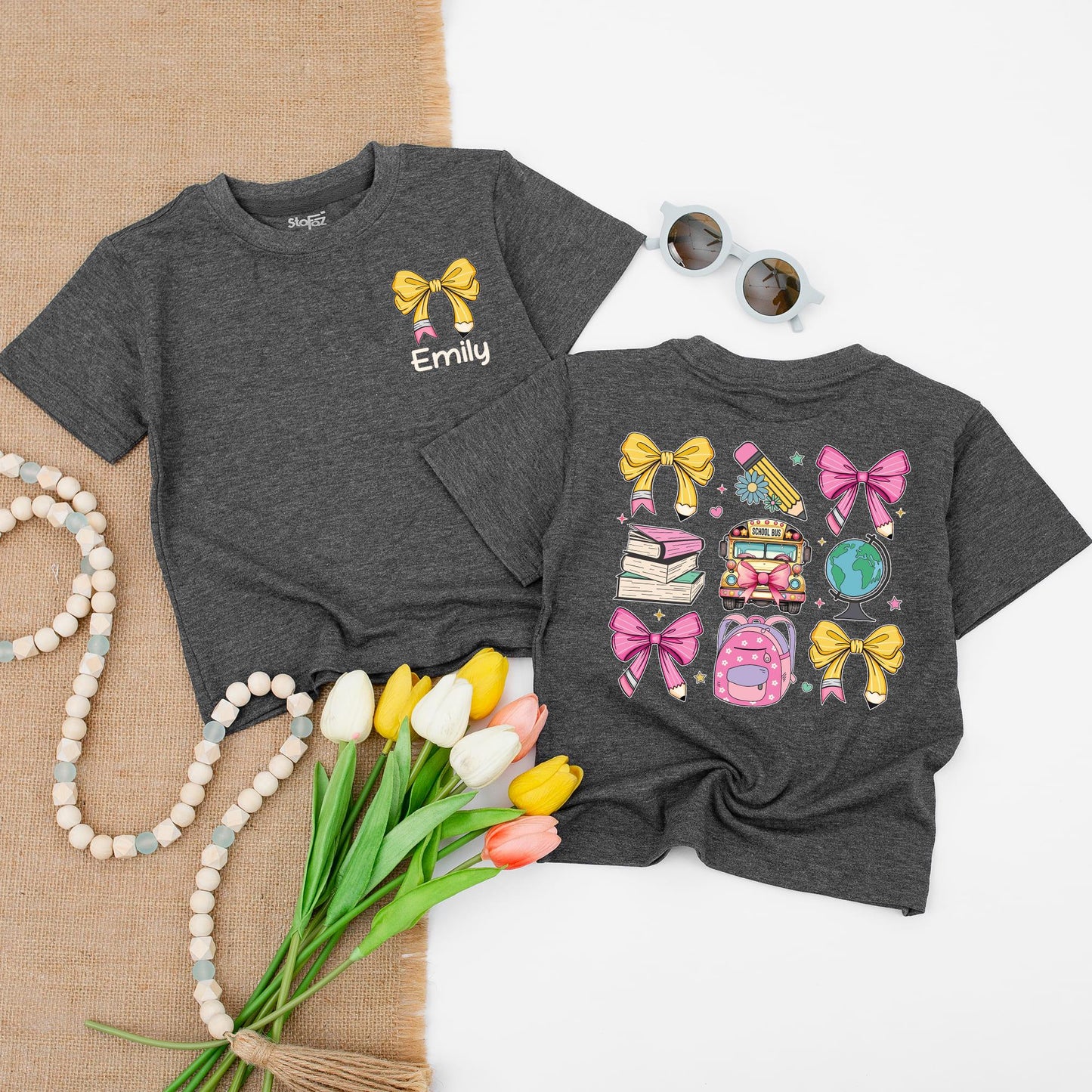 Personalized Back to School Shirt Cute Pencil & School Bus Design First Day of School Elementary & Kindergarten Gift