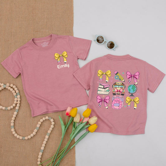 Personalized Back to School Shirt Cute Pencil & School Bus Design First Day of School Elementary & Kindergarten Gift
