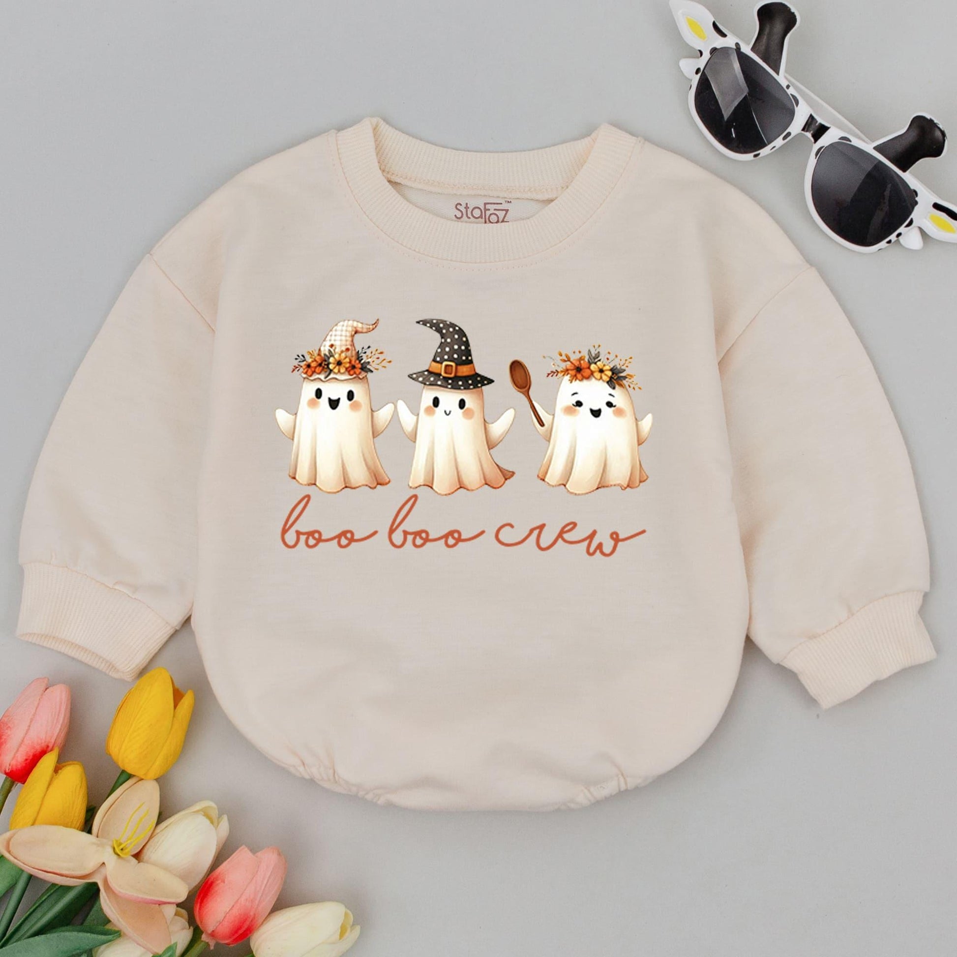 Boo Boo Crew Baby Romper Cute Halloween Ghosts Witch Hat Floral Crown "boo boo crew" Text Cozy Fall Baby Outfit Infant Bodysuit