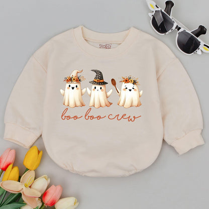 Boo Boo Crew Baby Romper Cute Halloween Ghosts Witch Hat Floral Crown "boo boo crew" Text Cozy Fall Baby Outfit Infant Bodysuit