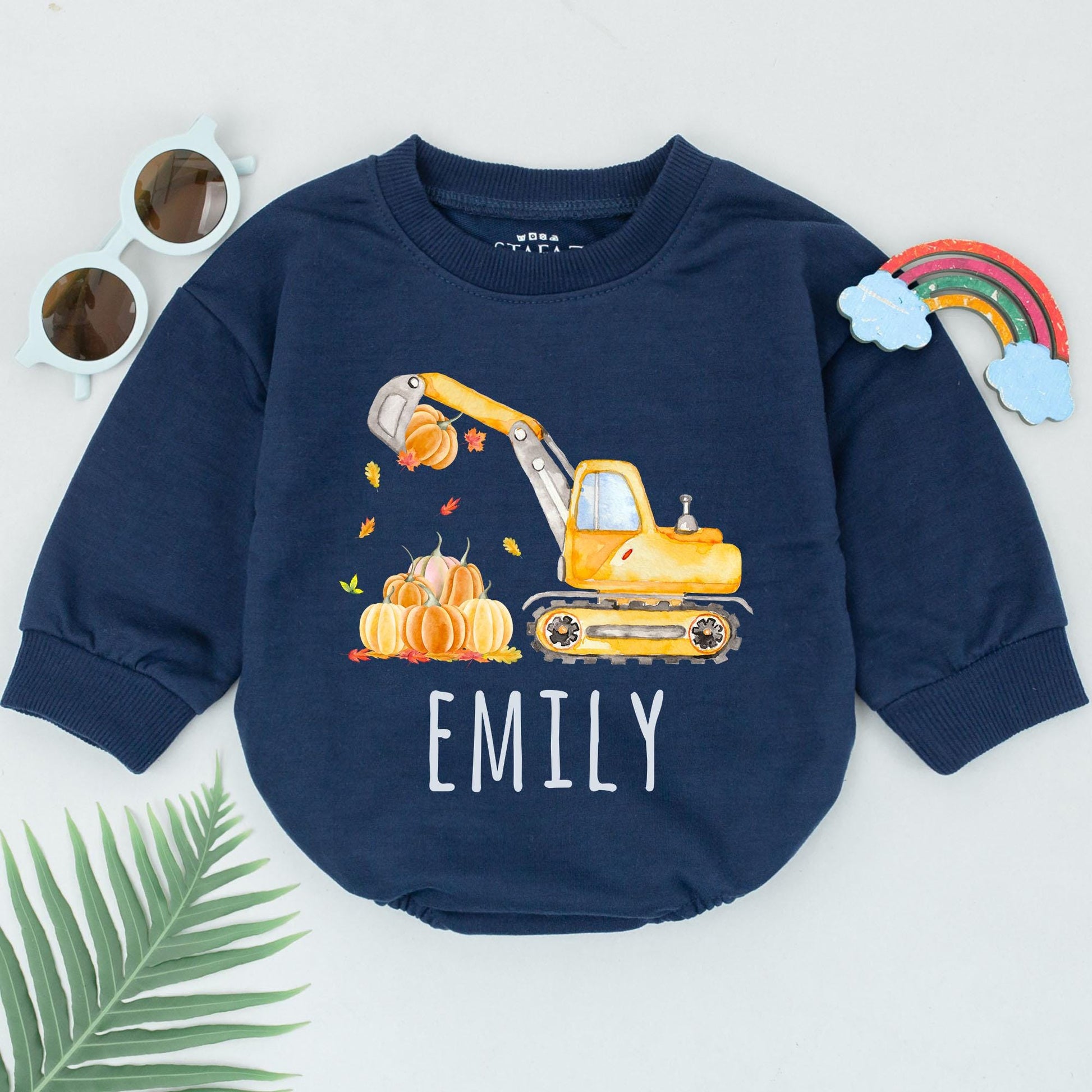 Custom Pumpkin Excavator Romper for Baby's First Thanksgiving