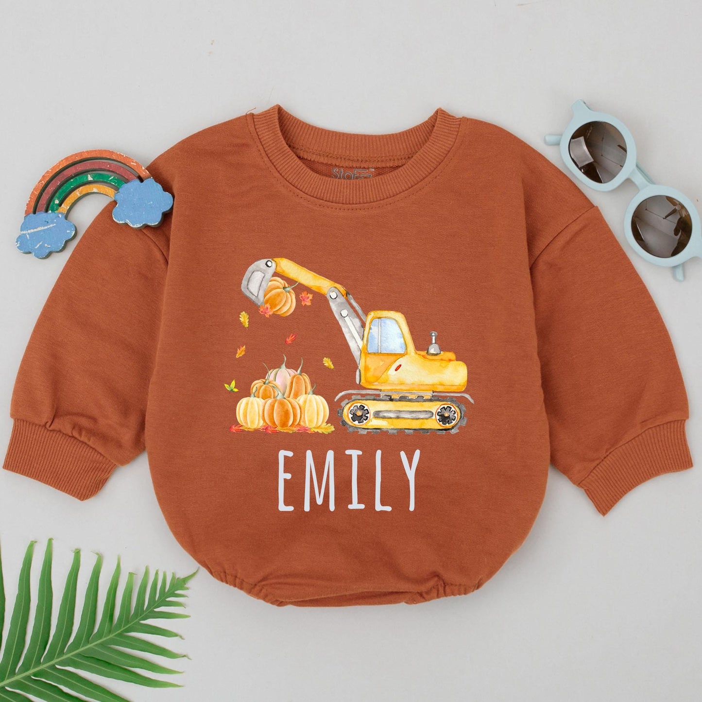 Custom Pumpkin Excavator Romper for Baby's First Thanksgiving