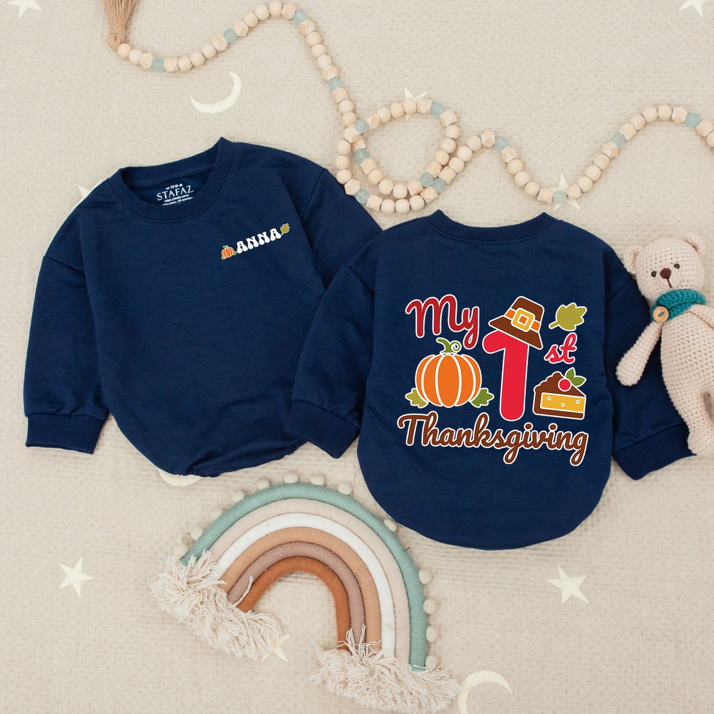 Custom My First Thanksgiving Baby Romper - Pumpkin Turkey Outfit