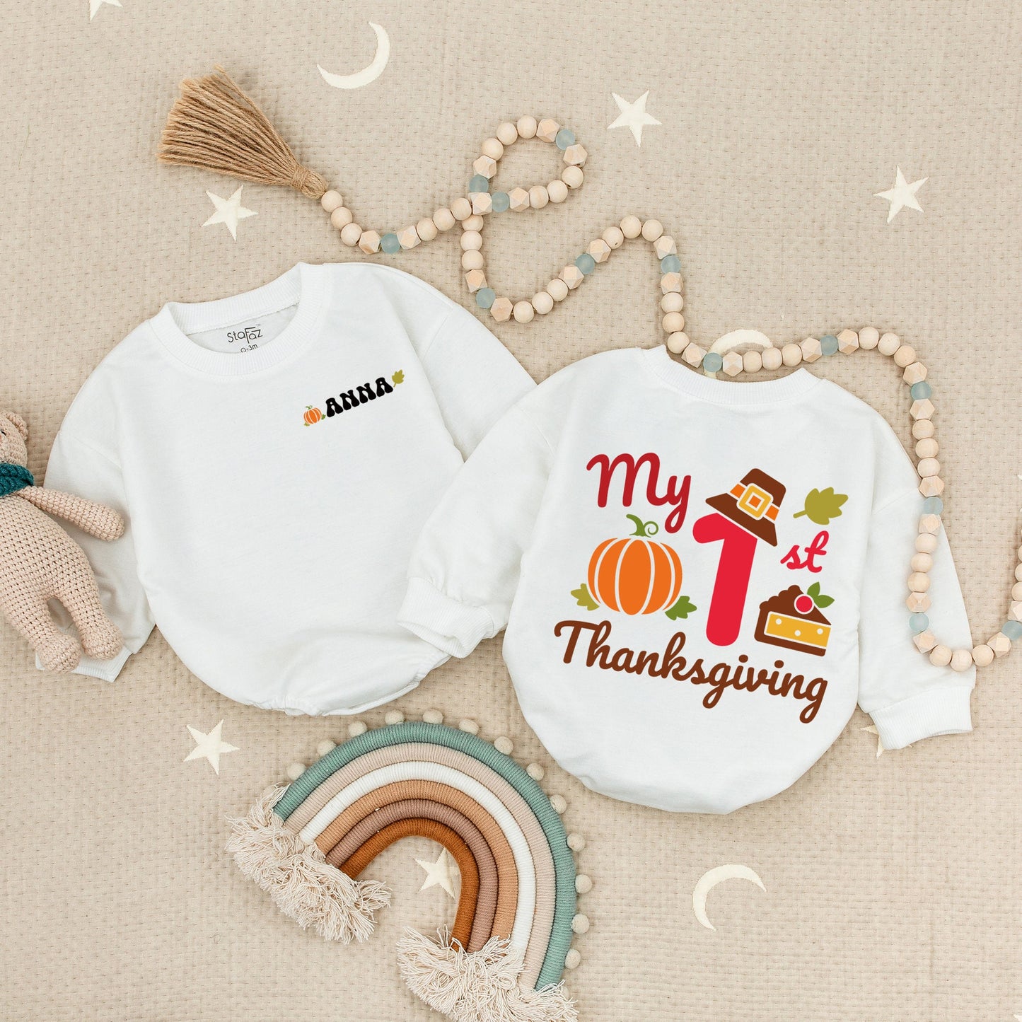 Custom My First Thanksgiving Baby Romper - Pumpkin Turkey Outfit