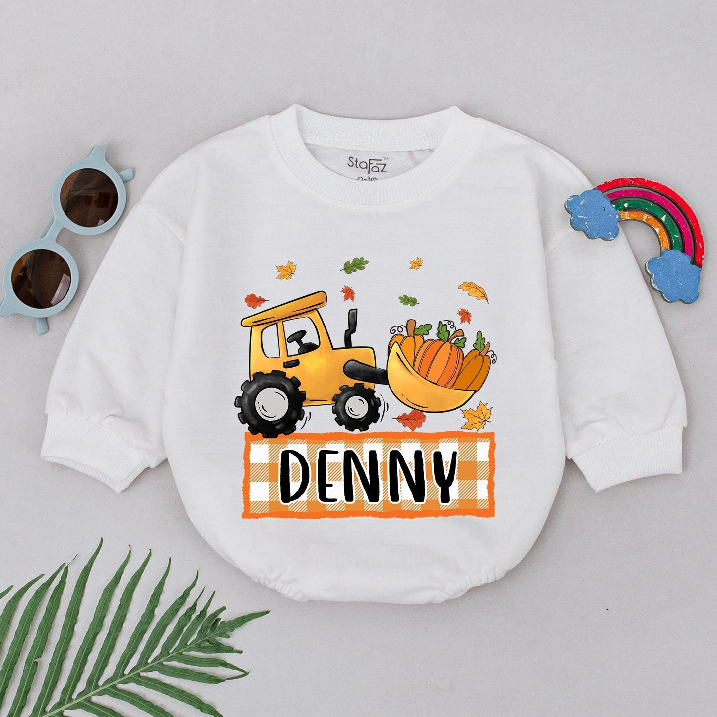 Pumpkin Bulldozer Baby Romper: Personalized Thanksgiving Outfit