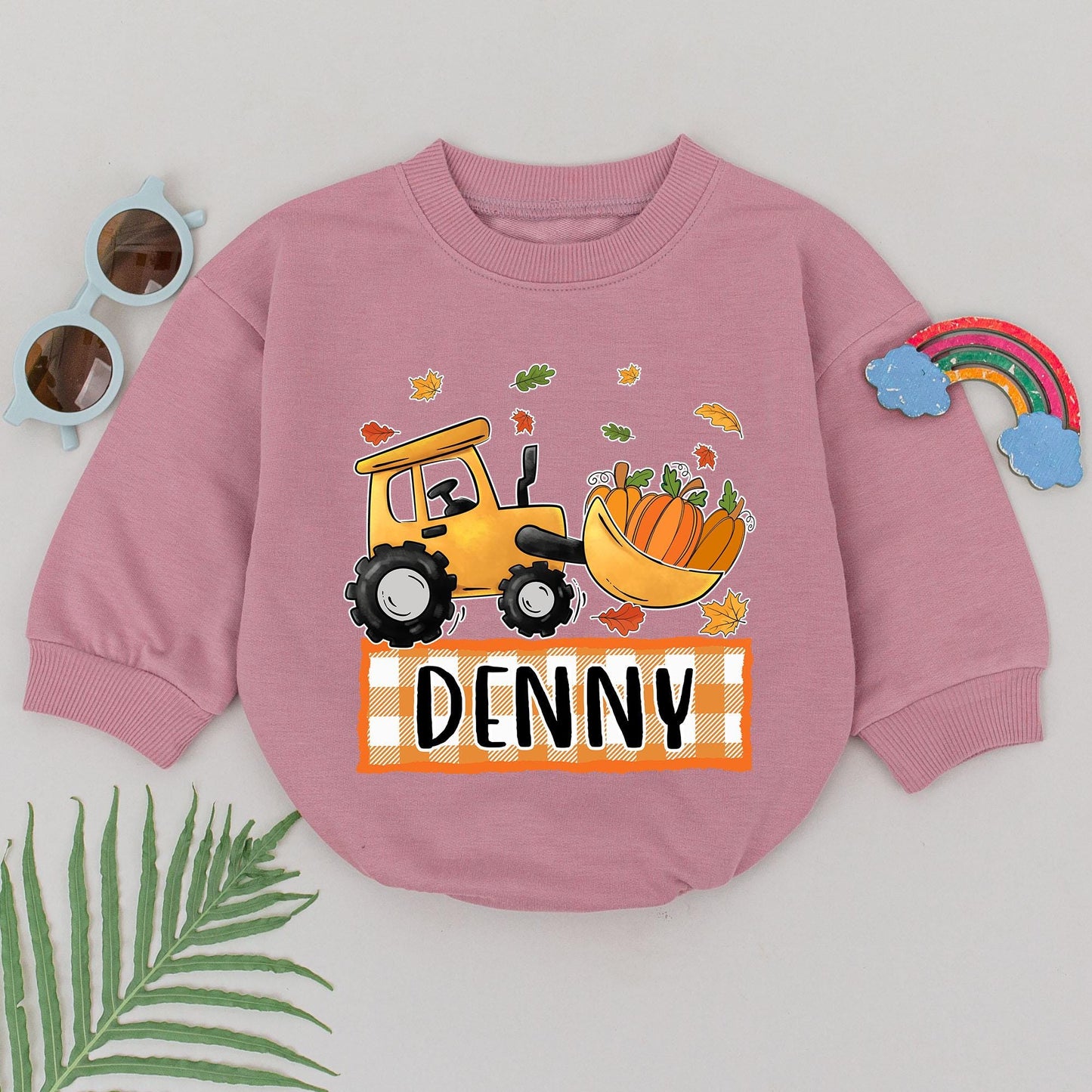 Pumpkin Bulldozer Baby Romper: Personalized Thanksgiving Outfit