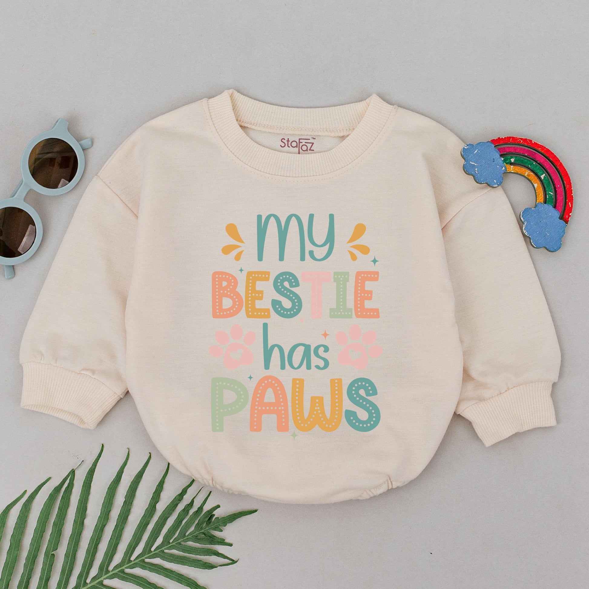 Retro Bestie Has Paws Romper for Baby Sweet Orange Green Peach Pet Lover Outfit Adorable Vintage Charm Puppy Dog Gift