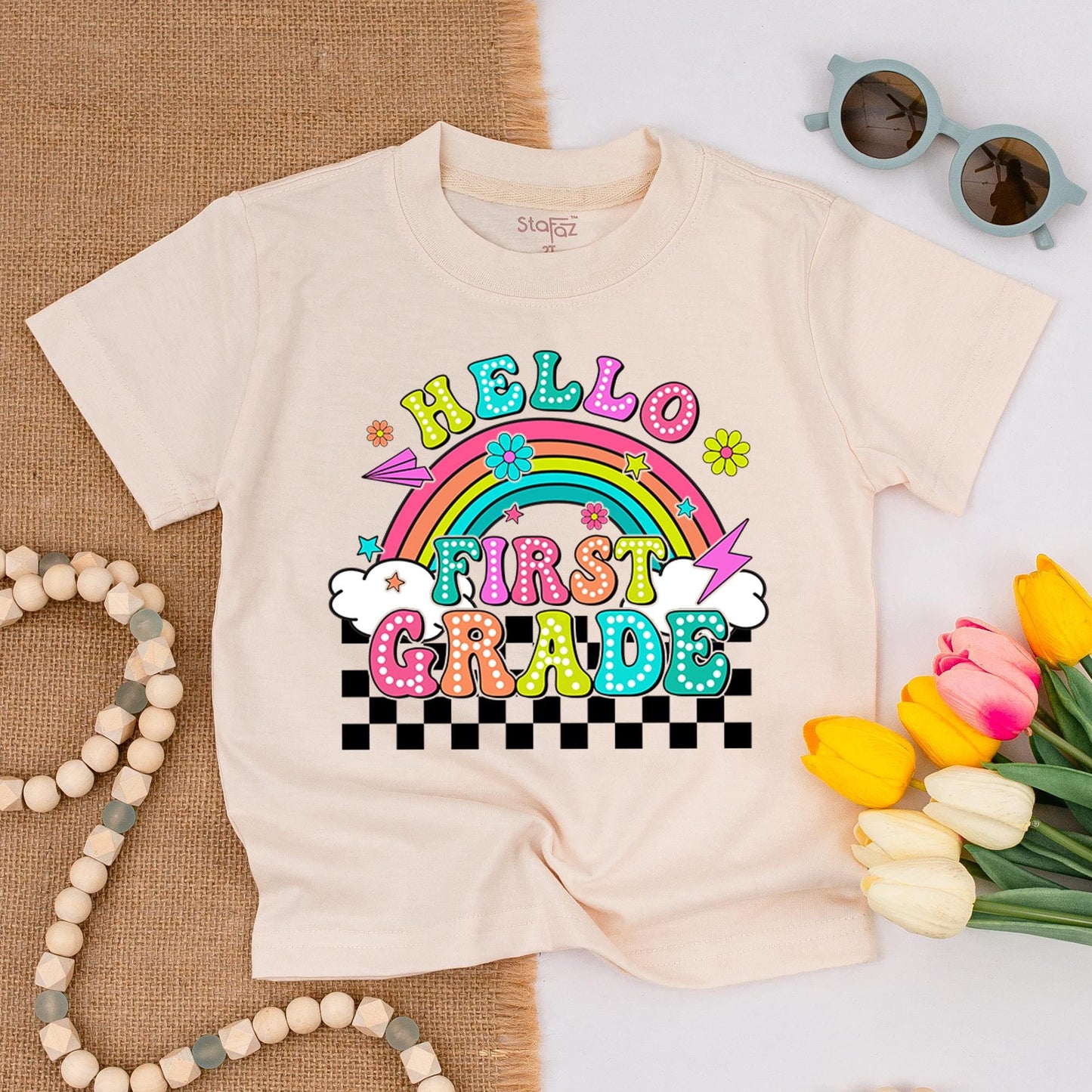 Hello First Grade Rainbow Shirt: Retro 1st Day Tee with Polka Dot Letters & Checkers! Back to School, Kindergarten, Elementary, Cheerful Gift for Kids