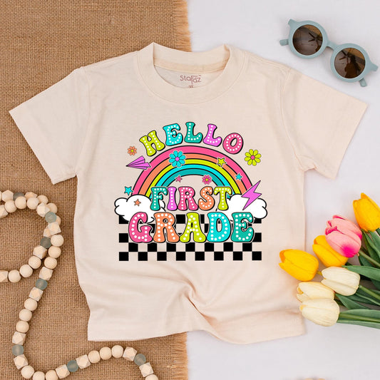 Hello First Grade Rainbow Shirt: Retro 1st Day Tee with Polka Dot Letters & Checkers! Back to School, Kindergarten, Elementary, Cheerful Gift for Kids