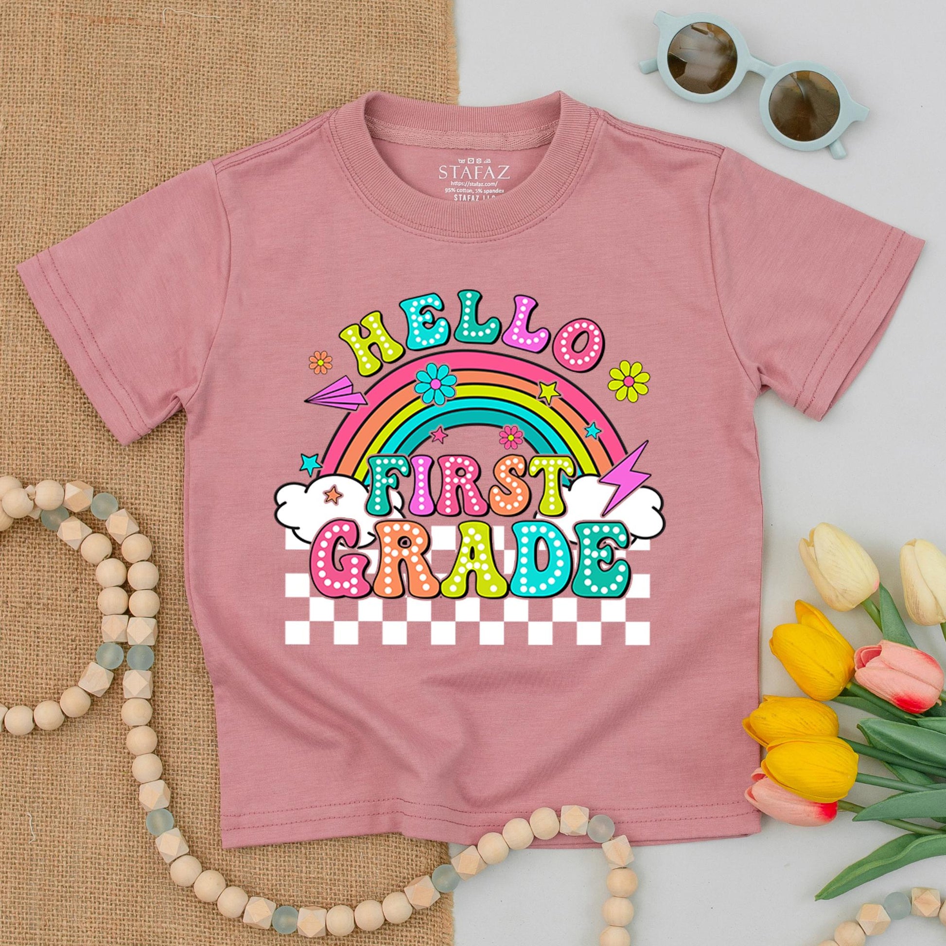 Hello First Grade Rainbow Shirt: Retro 1st Day Tee with Polka Dot Letters & Checkers! Back to School, Kindergarten, Elementary, Cheerful Gift for Kids