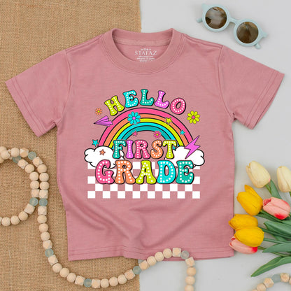 Hello First Grade Rainbow Shirt: Retro 1st Day Tee with Polka Dot Letters & Checkers! Back to School, Kindergarten, Elementary, Cheerful Gift for Kids