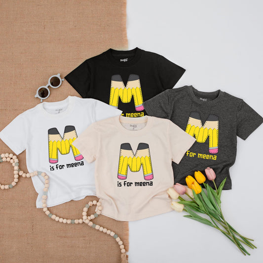 Meena's Personalized Pencil Shirt for School! Cute Initial M Tee for Kindergarten, 1st, 2nd Grade - Back to School Gift, First Day Outfit, Pre-K Too! 
