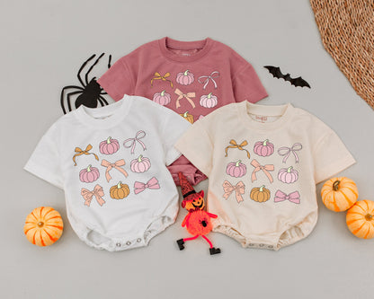 Retro Pumpkin Romper for Baby Girl or Boy, Halloween Outfit with Pink & Orange Pumpkins, Vintage Fall Clothes, 1st Halloween Costume