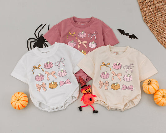 Retro Pumpkin Romper for Baby Girl or Boy, Halloween Outfit with Pink & Orange Pumpkins, Vintage Fall Clothes, 1st Halloween Costume