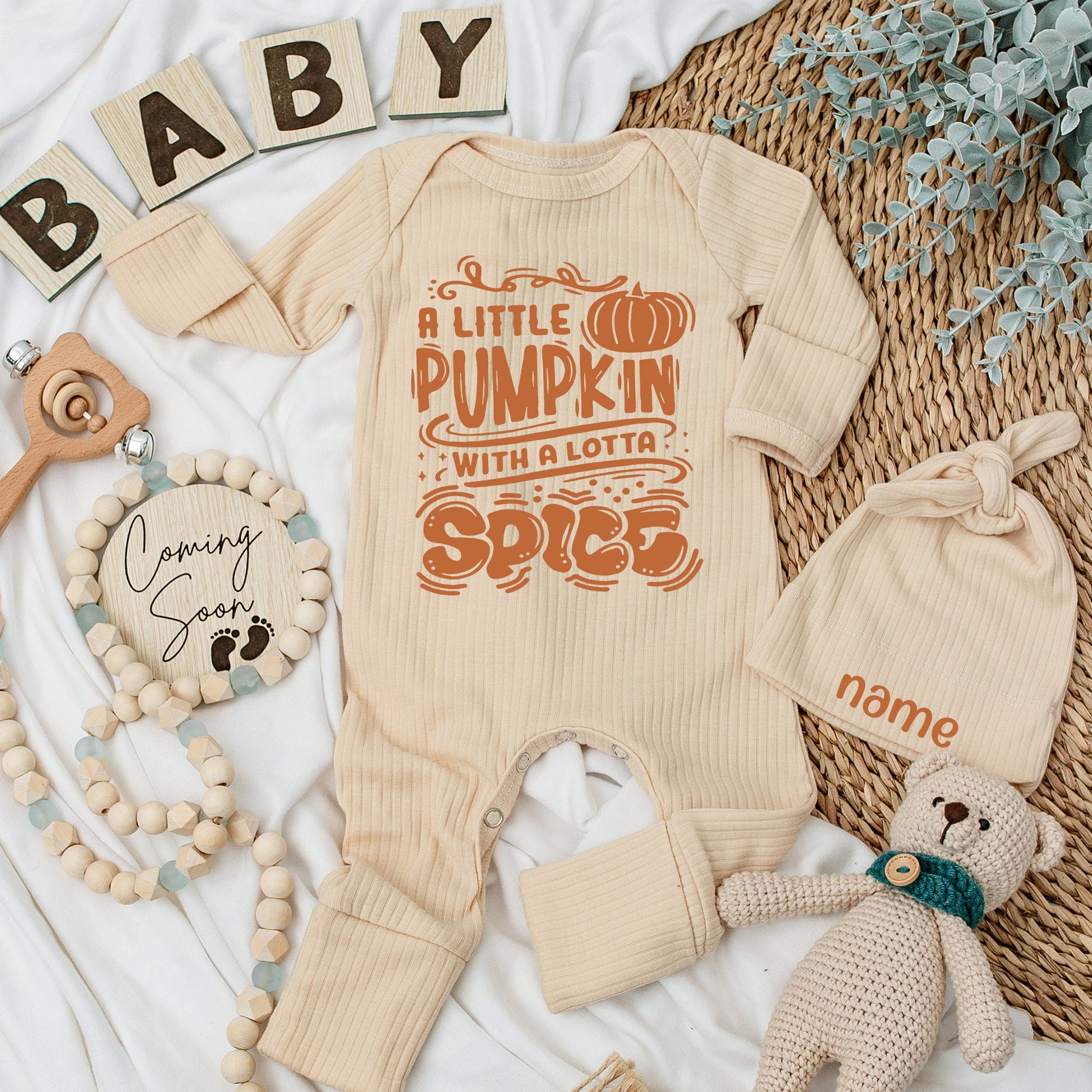 Cute Little Pumpkin Baby Bodysuit and Hat Set Newborn Baby Shower Gift Coming Home Outfit Long Sleeve Baby Announcement