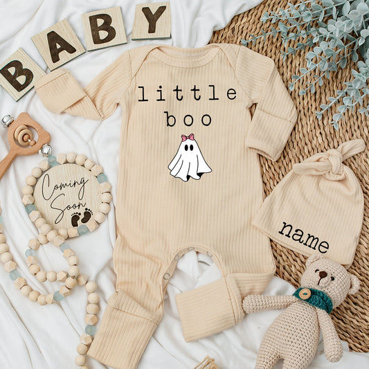 Little Boo Ghost Halloween Bodysuit & Hat Set Custom Name Infant Thanksgiving Fall Baby Shower Outfit