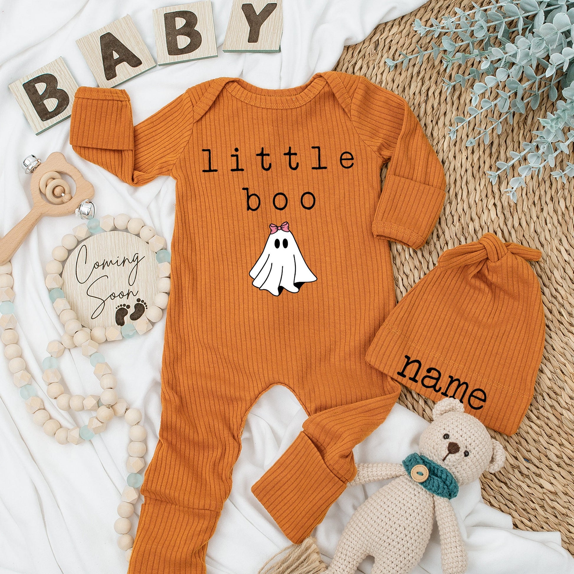 Little Boo Ghost Halloween Bodysuit & Hat Set Custom Name Infant Thanksgiving Fall Baby Shower Outfit