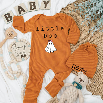 Little Boo Ghost Halloween Bodysuit & Hat Set Custom Name Infant Thanksgiving Fall Baby Shower Outfit