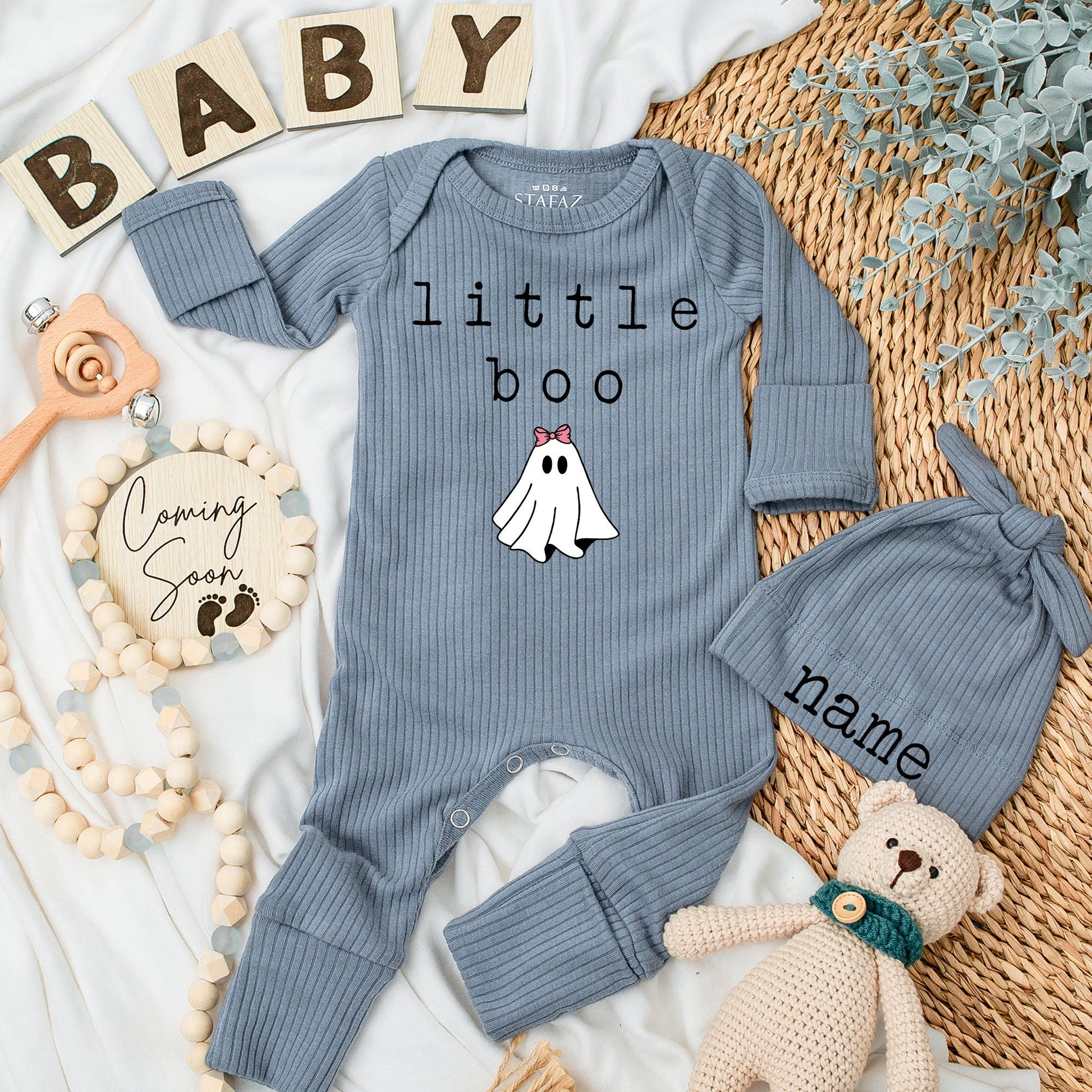 Little Boo Ghost Halloween Bodysuit & Hat Set Custom Name Infant Thanksgiving Fall Baby Shower Outfit