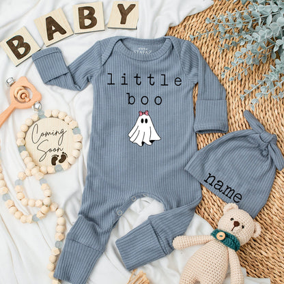 Little Boo Ghost Halloween Bodysuit & Hat Set Custom Name Infant Thanksgiving Fall Baby Shower Outfit