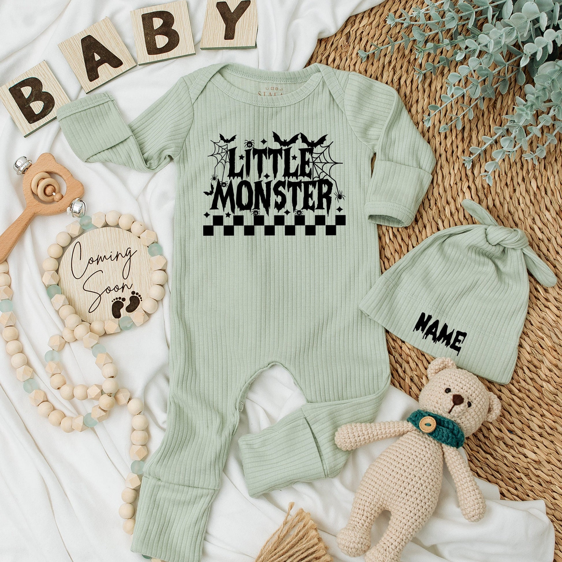 Little Monster Halloween Baby Bodysuit & Hat Set, Newborn Coming Home Outfit, Fall Baby Announcement Gift, Black Spooky Design