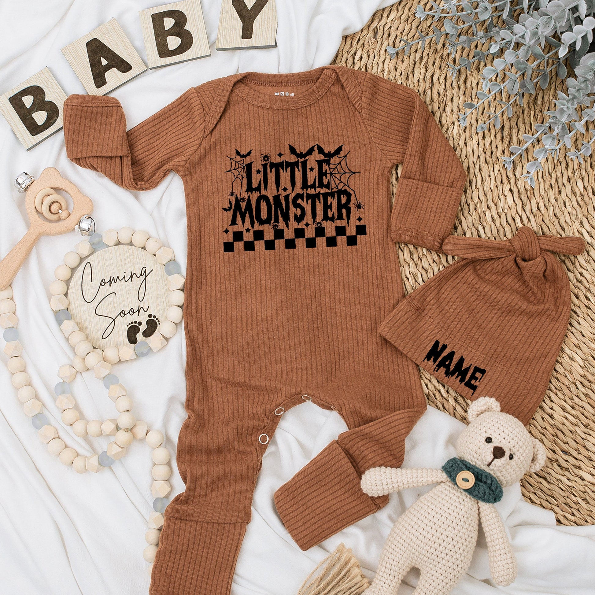 Little Monster Halloween Baby Bodysuit & Hat Set, Newborn Coming Home Outfit, Fall Baby Announcement Gift, Black Spooky Design