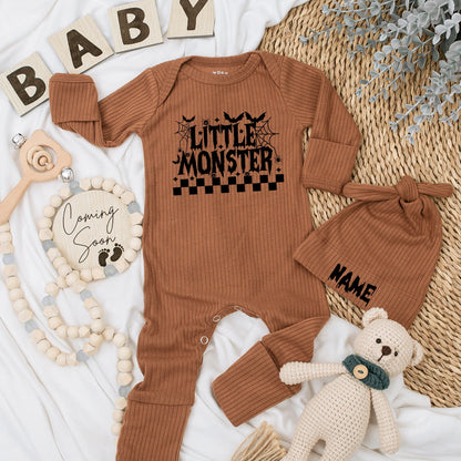 Little Monster Halloween Baby Bodysuit & Hat Set, Newborn Coming Home Outfit, Fall Baby Announcement Gift, Black Spooky Design