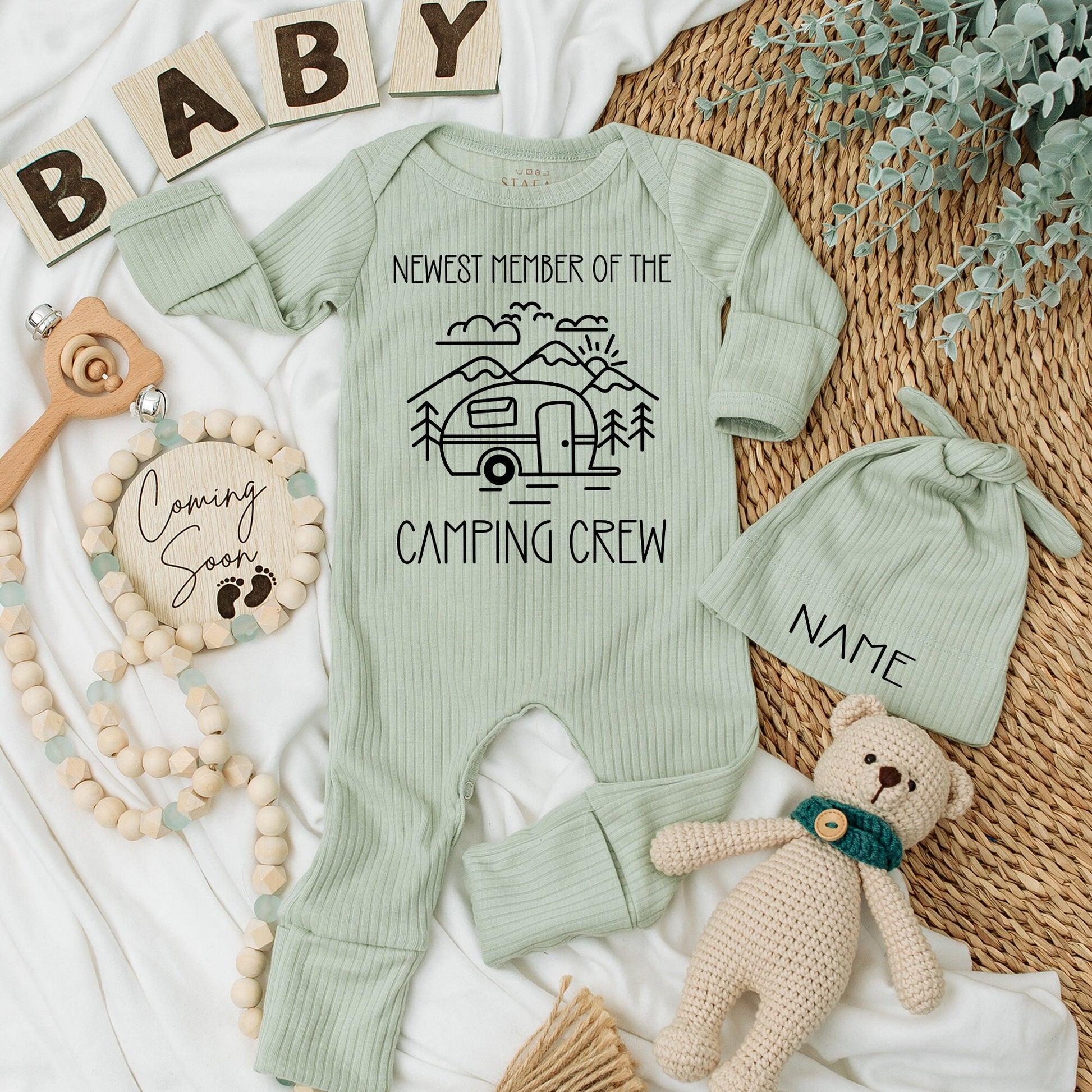 Newest Member Camping Crew Baby Bodysuit and Hat Set Adventure Gift Newborn Baby Shower Outfit Soft Cotton Clothes One Happy Camper