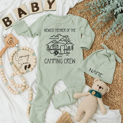 Newest Member Camping Crew Baby Bodysuit and Hat Set Adventure Gift Newborn Baby Shower Outfit Soft Cotton Clothes One Happy Camper