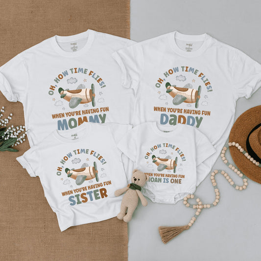 Time Flies First Birthday Airplane Outfit Matching Family Shirts Vintage Aviation Party Tee Custom Flight Crew Boy or Girl Baby Bodysuit One Year Gift